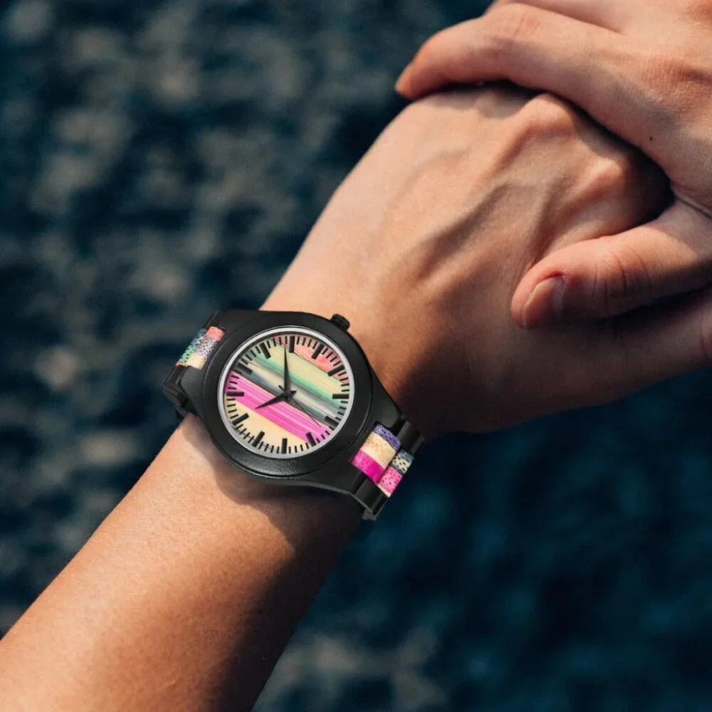 Mens Black Colorful Handmade Colorful Bamboo Engraved Analog Quartz Wooden Watch